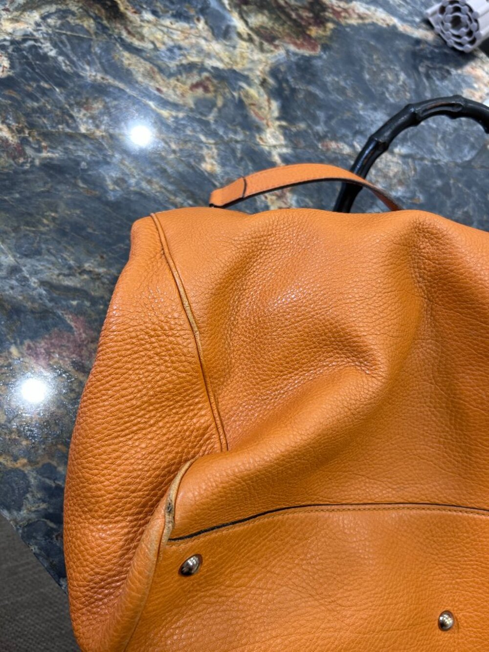 Tan Orange Pebbled Gucci Handbag with Bamboo Handles & Shoulder Strap – Preowned - Picture 10 of 16